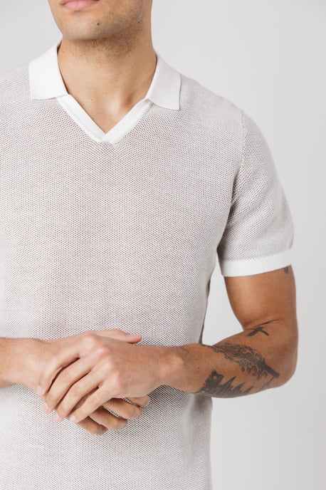 Ecru Cotton Short Sleeve V-Neck Polo Shirt - Image 4