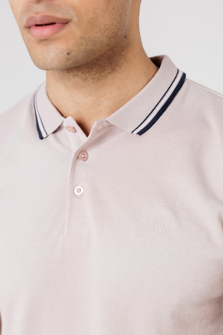 Dusty Pink Textured Polo Shirt With Button-Up And Logo Badge - Image 3