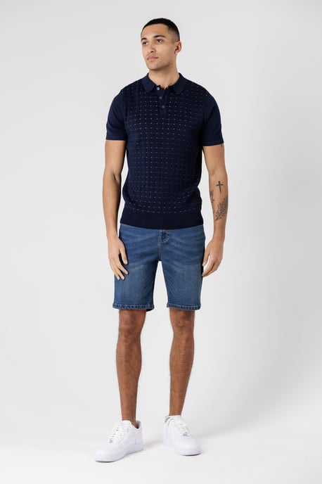 Dark Navy Knitted Short Sleeve Button-Up Polo Shirt - Image 3