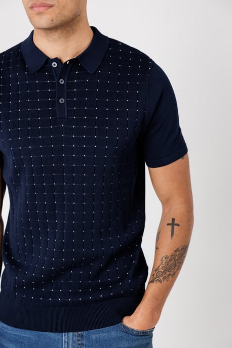 Dark Navy Knitted Short Sleeve Button-Up Polo Shirt - Image 4
