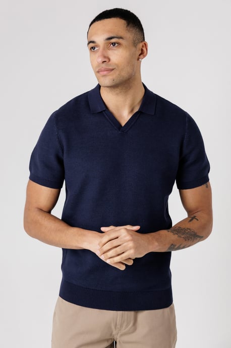 Dark Navy Cotton Short Sleeve V-Neck Polo Shirt - Image 1