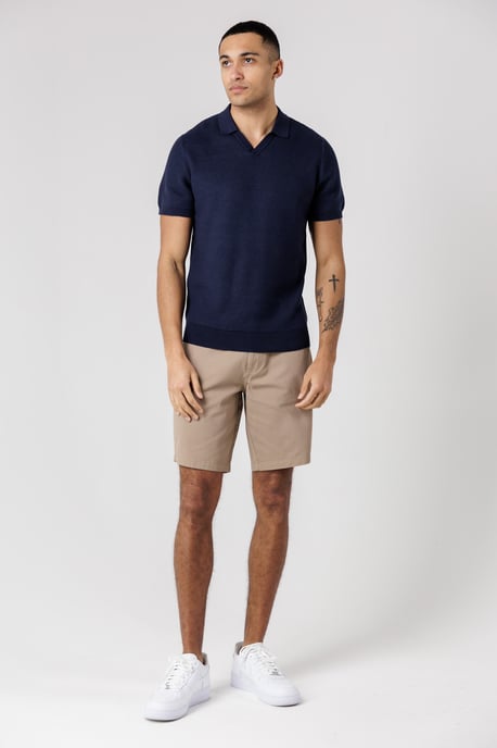 Dark Navy Cotton Short Sleeve V-Neck Polo Shirt - Image 3