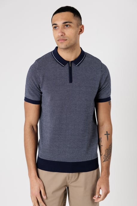 Navy Textured Zip Neck Polo Shirt - Image 1