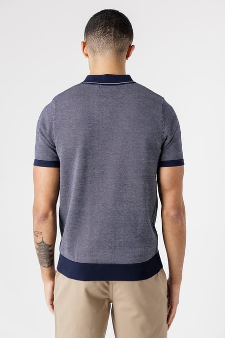 Navy Textured Zip Neck Polo Shirt - Image 2