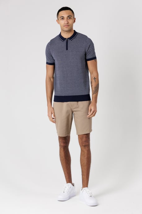 Navy Textured Zip Neck Polo Shirt - Image 3