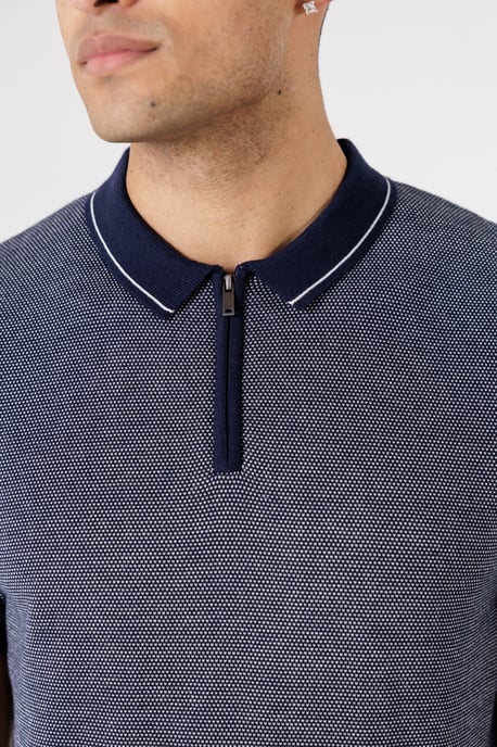 Navy Textured Zip Neck Polo Shirt - Image 4