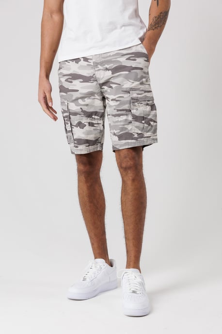 Grey Washed Cotton Twill Cargo Shorts With Camo Print - Image 1