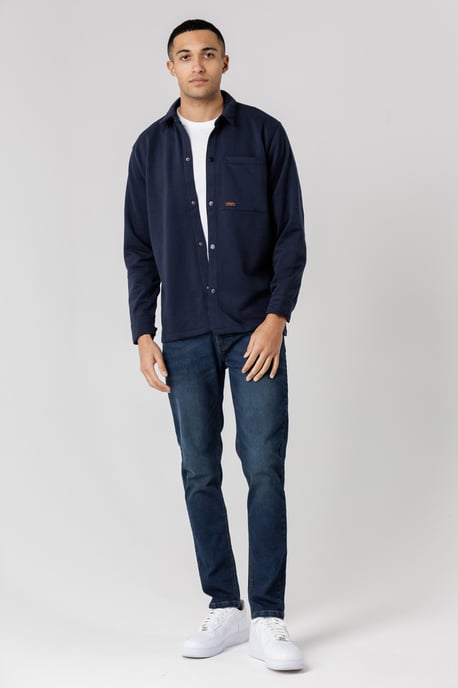 Navy Cotton Blend Brush-Back Fleece Long Sleeve Shirt - Image 3