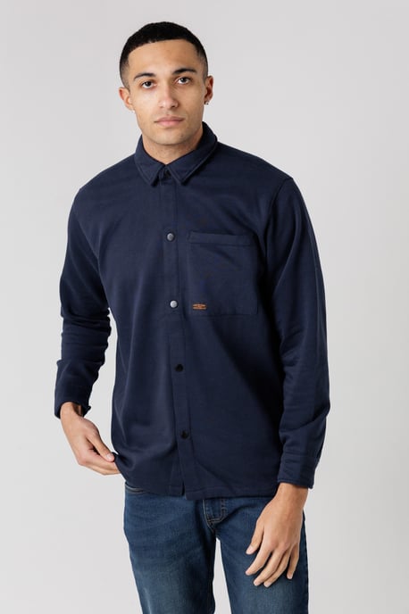 Navy Cotton Blend Brush-Back Fleece Long Sleeve Shirt - Image 4