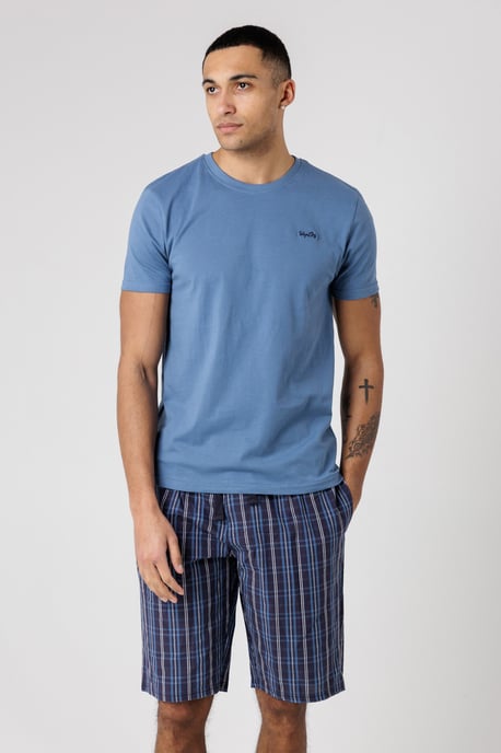 Mid Blue Crew Neck T-Shirt And Checked Shorts Pyjama Set - Image 1