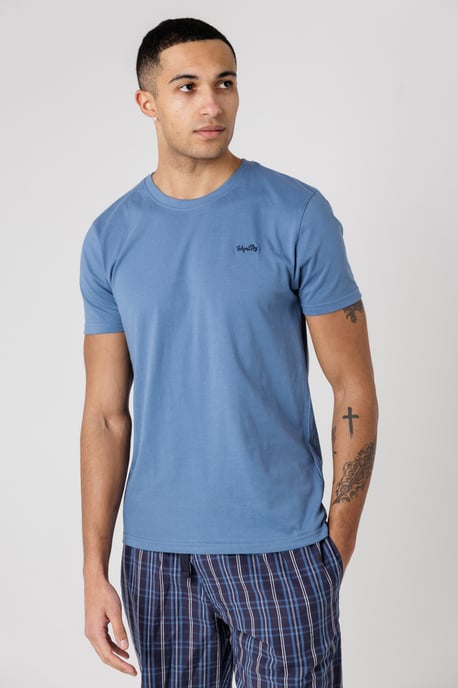 Mid Blue Crew Neck T-Shirt And Checked Shorts Pyjama Set - Image 3