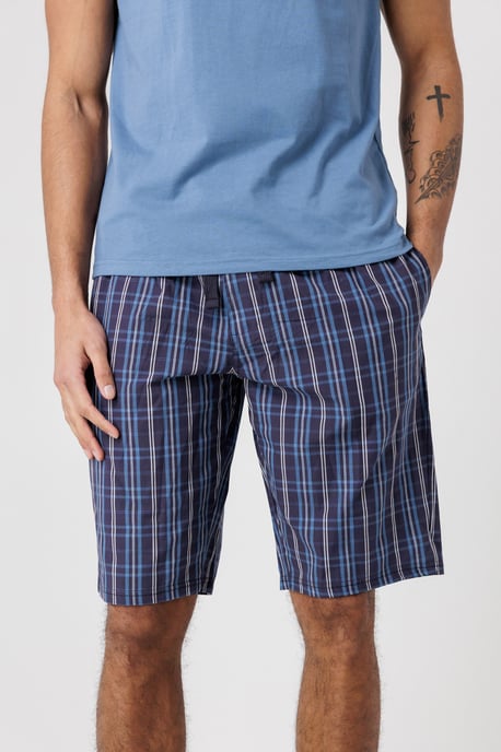 Mid Blue Crew Neck T-Shirt And Checked Shorts Pyjama Set - Image 4