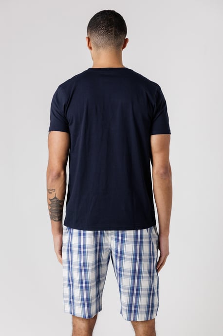 Navy Crew Neck T-Shirt And Checked Shorts Pyjama Set - Image 2