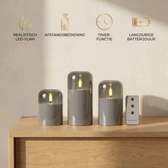 MAZAZU Omniexa led kaarsenset in glas – 3 stuks – smoked grey – met afstandsbediening & - Image 4