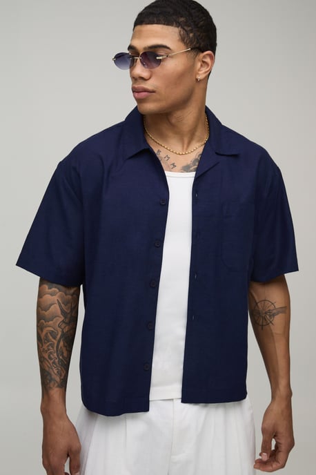 Oversized Boxy Fit Short Sleeve Linen Blend Shirt - Image 1