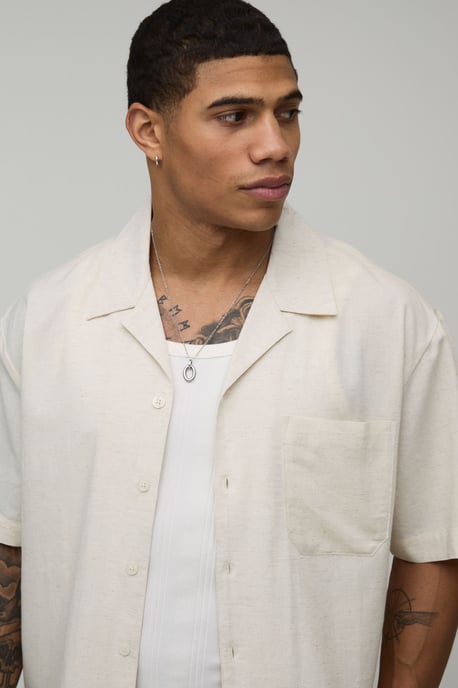 Oversized Boxy Fit Short Sleeve Linen Blend Shirt - Image 3