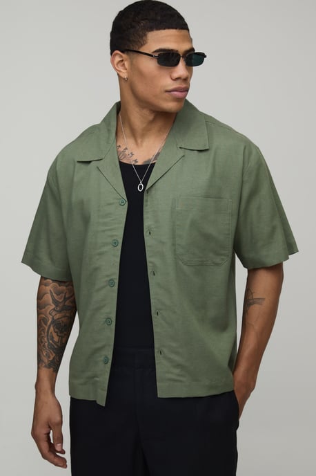Oversized Boxy Fit Short Sleeve Linen Blend Shirt - Image 1