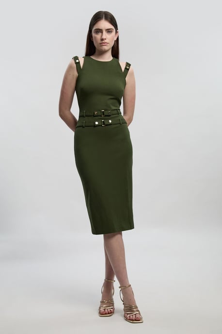 Ponte Trim Belt Detail Midi Pencil Dress - Image 1