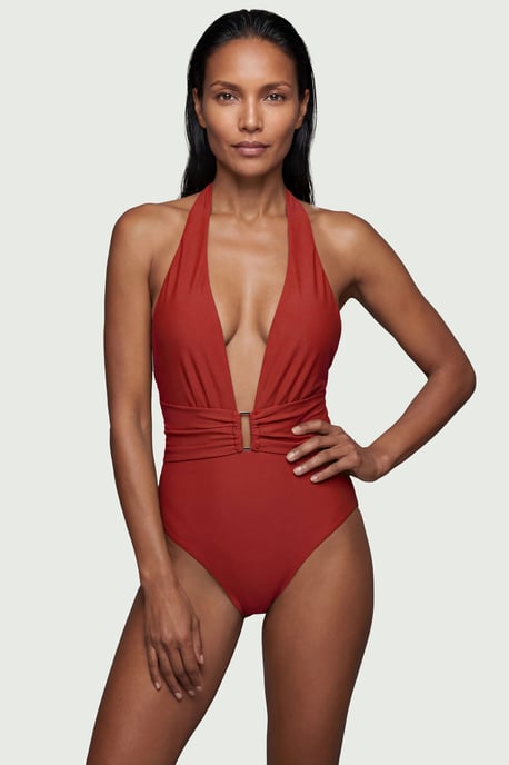 Halter Neck Hardware Detail Plunge Swimsuit - Image 1