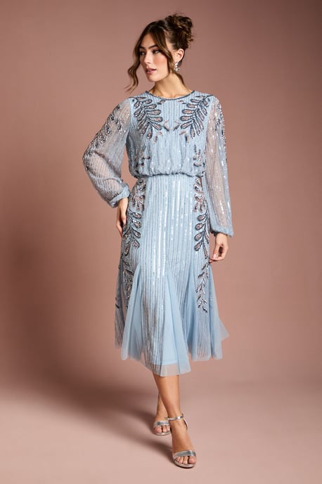 Long Sleeve Floral Applique Beaded Midi Dress - Image 1