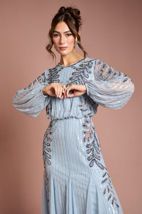 Long Sleeve Floral Applique Beaded Midi Dress - Image 2