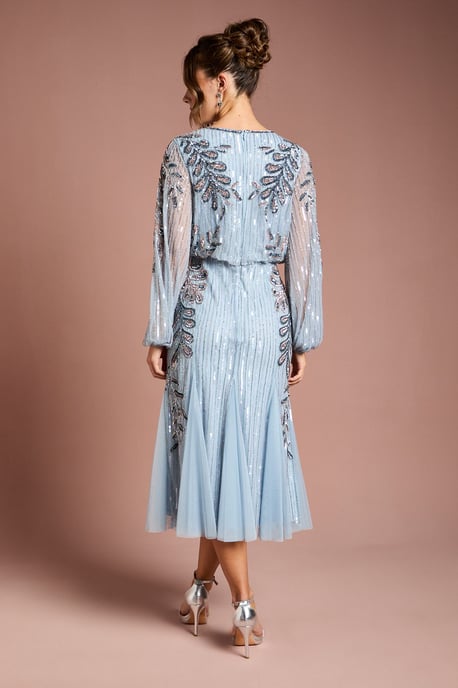 Long Sleeve Floral Applique Beaded Midi Dress - Image 3
