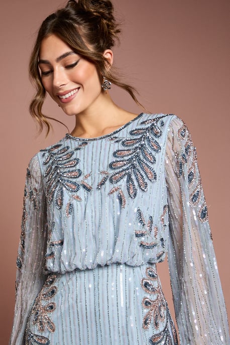 Long Sleeve Floral Applique Beaded Midi Dress - Image 4