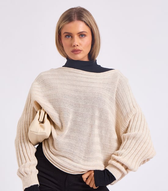 Stripig stickad oversized tröja med batwingärmar - Image 2
