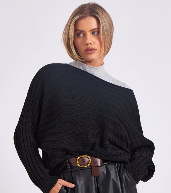 Stripig stickad oversized tröja med batwingärmar - Image 2