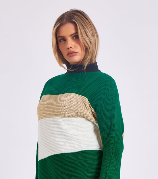 Stripig stickad oversized tröja med sned halsringning - Image 3