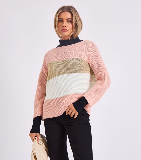 Stripig stickad oversized tröja med sned halsringning - Image 1