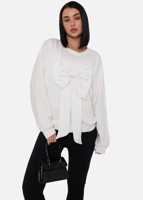 Krämfärgad oversized tröja med rosett fram - Image 3
