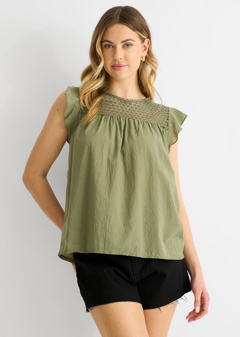 Khaki virkad panel i viskos, löst sittande topp - Image 2