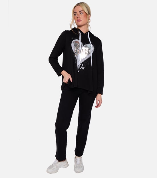 Zwarte oversized A-lijn top met capuchon en hartprint - Image 1