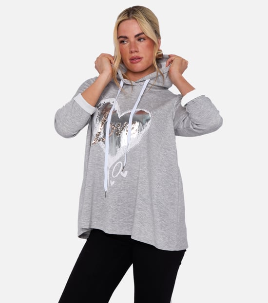 Grey Heart print Hooded Oversized A Line Long Top - Image 3