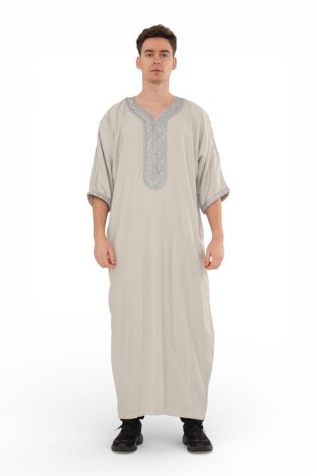 Men's Grey Moroccan Thobe Robe Eid Djellaba Gandoura Jubba- HM65 - Image 1