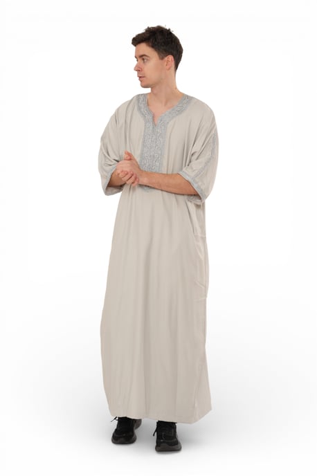 Men's Grey Moroccan Thobe Robe Eid Djellaba Gandoura Jubba- HM65 - Image 2
