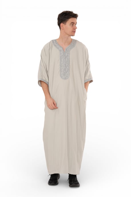 Men's Grey Moroccan Thobe Robe Eid Djellaba Gandoura Jubba- HM65 - Image 3