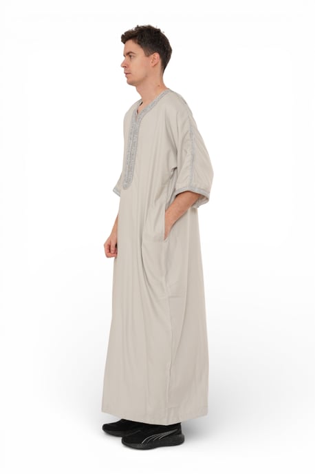 Men's Grey Moroccan Thobe Robe Eid Djellaba Gandoura Jubba- HM65 - Image 4