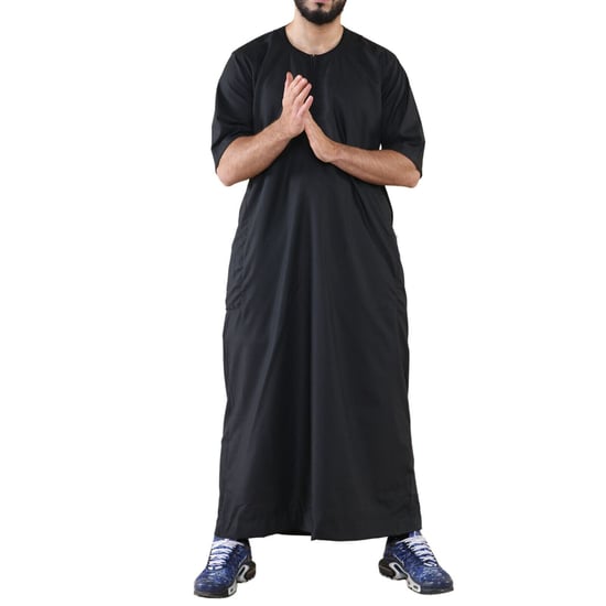 Mens Black Thobe Jubba Islamic Arab Moroccan Saudi Zipped Kaftan Arab Robe - Image 4