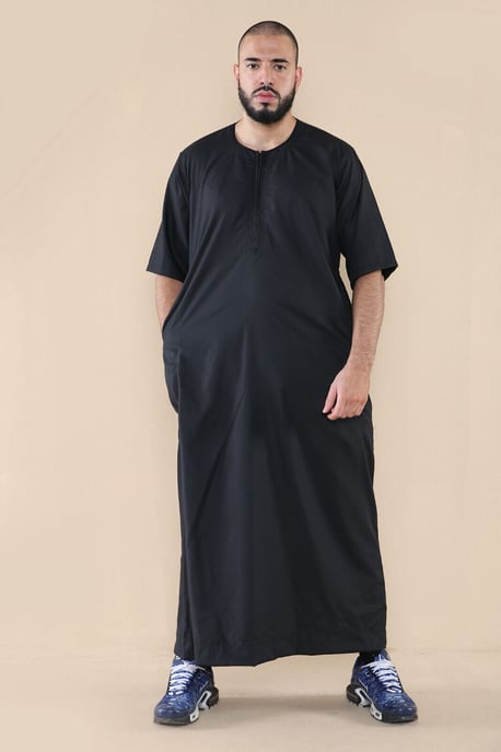 Mens Black Thobe Jubba Islamic Arab Moroccan Saudi Zipped Kaftan Arab Robe - Image 5