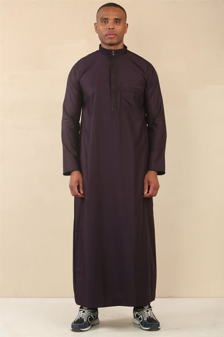 Mens Purple Thobe Jubba Emirati Islamic Arabic Eid Embroidery Kaftan Jubbah Robe - Image 1