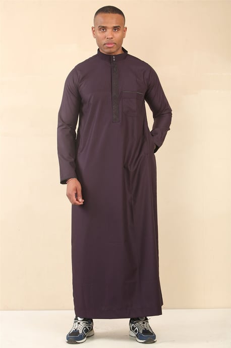 Mens Purple Thobe Jubba Emirati Islamic Arabic Eid Embroidery Kaftan Jubbah Robe - Image 2