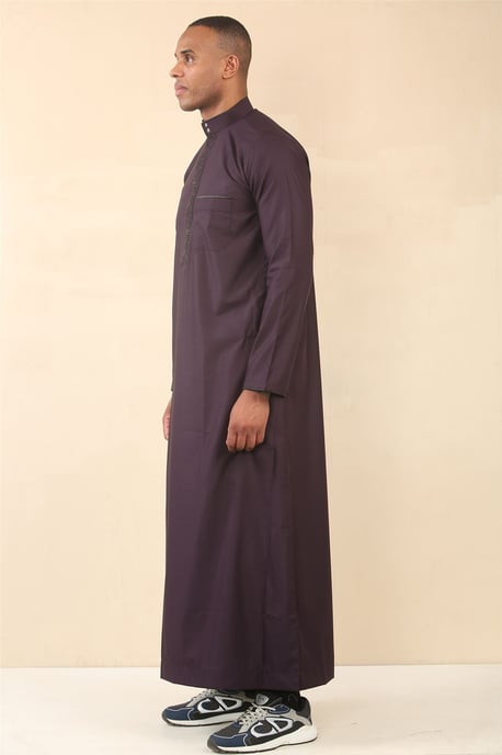 Mens Purple Thobe Jubba Emirati Islamic Arabic Eid Embroidery Kaftan Jubbah Robe - Image 3