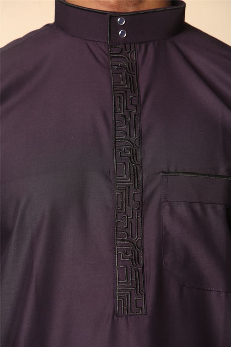 Mens Purple Thobe Jubba Emirati Islamic Arabic Eid Embroidery Kaftan Jubbah Robe - Image 5