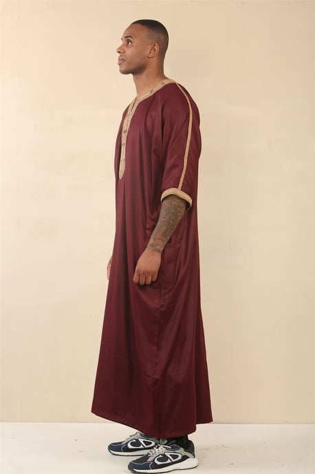 Men's Burgundy Moroccan Thobe Jubba Robe Eid Djellaba Gandoura - Image 2