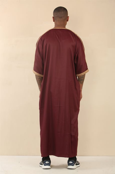 Men's Burgundy Moroccan Thobe Jubba Robe Eid Djellaba Gandoura - Image 3
