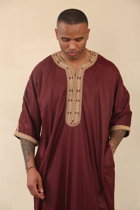 Men's Burgundy Moroccan Thobe Jubba Robe Eid Djellaba Gandoura - Image 4