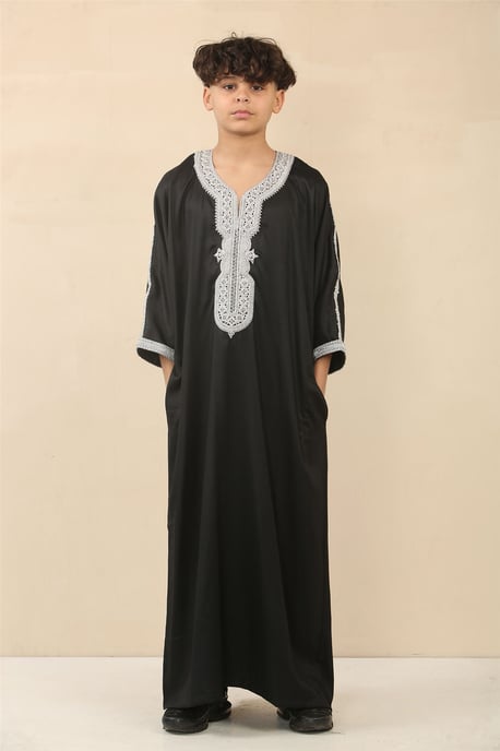 Kid's Boys Svart Marockansk Thobe Jubba Robe Eid Djellaba Gandoura - Image 1