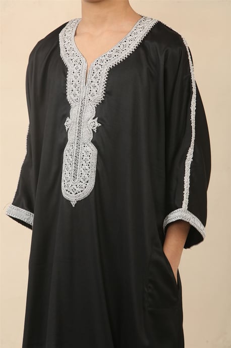 Kid's Boys Svart Marockansk Thobe Jubba Robe Eid Djellaba Gandoura - Image 2